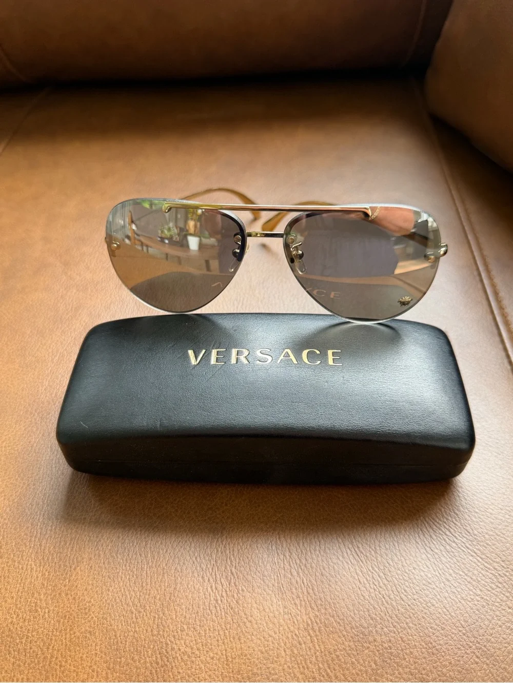 Versace VE2231 Black and Gold Medusa Rimless Aviator Sunglasses with Case